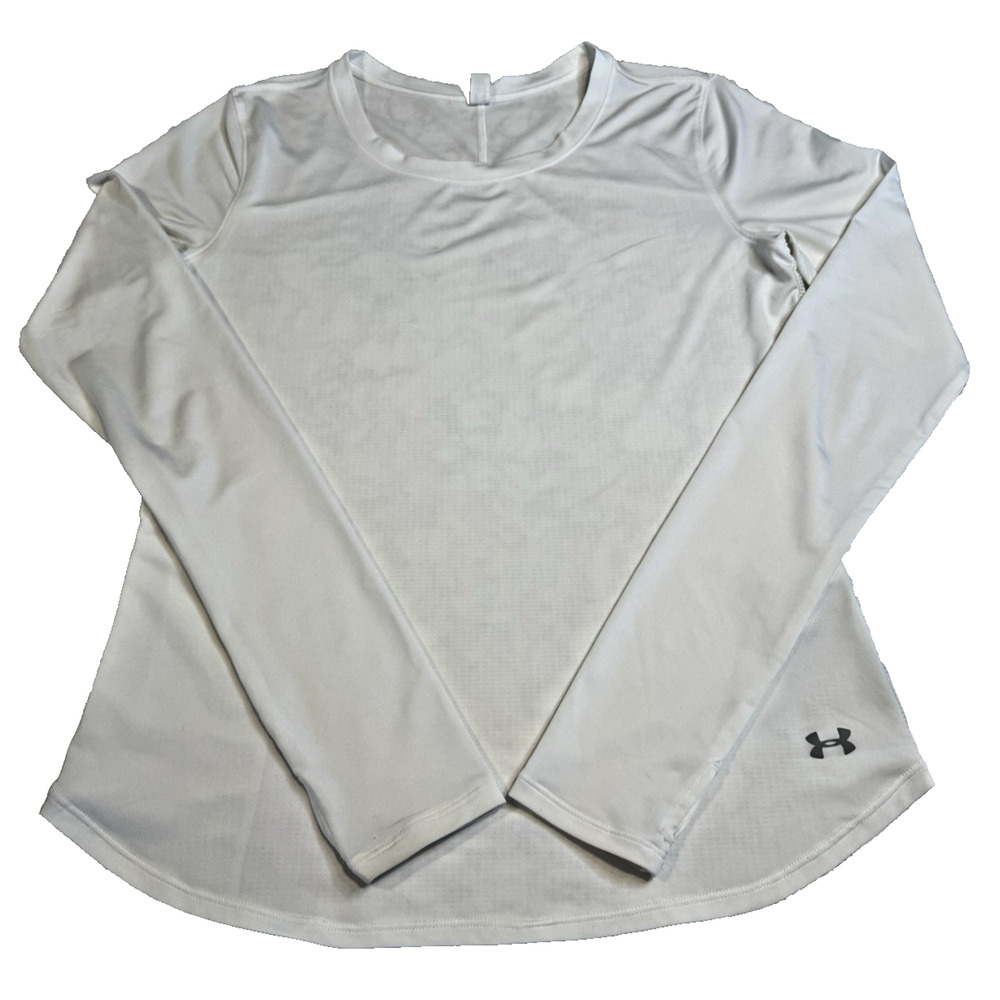 Under Armour HeatGear Long Sleeve Shirt Small White Fitted Thumbholes Pocket
